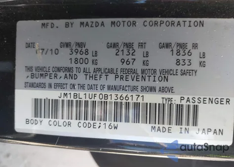 2011 Mazda Mazda3 I Sport z USA, uszkodzony, nr VIN JM1BL1UF0B1366171